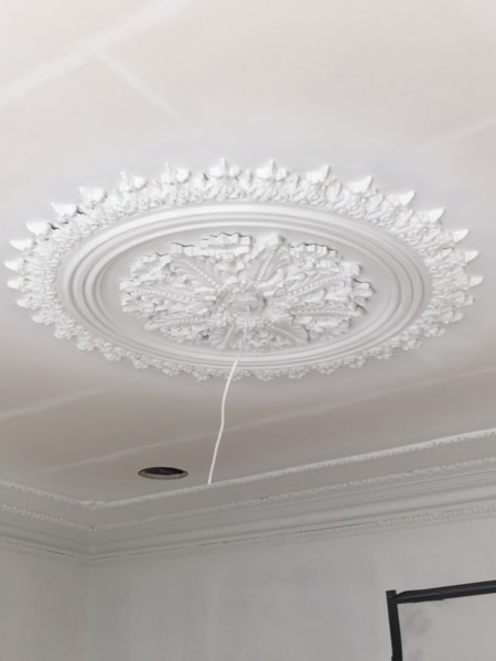 Restored white plaster ceiling rose with surrounding ceiling borders and cornice at Clissold Crescent.